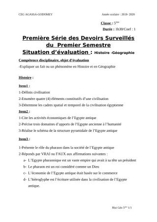 Première page de Histoire-Géographie 5e — 1er devoir surveillé, 1er semestre (2019-2020) · CEG Agassa Godomey