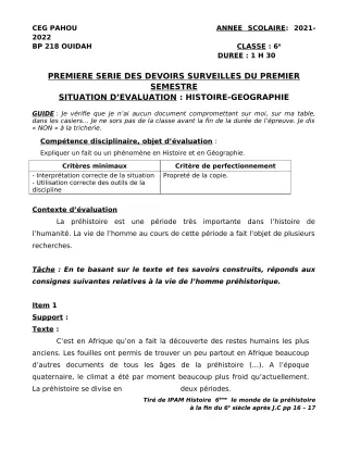 Première page de Histoire-Géographie 6e — 1er devoir surveillé, 1er semestre (2021-2022) · CEG PAHOU