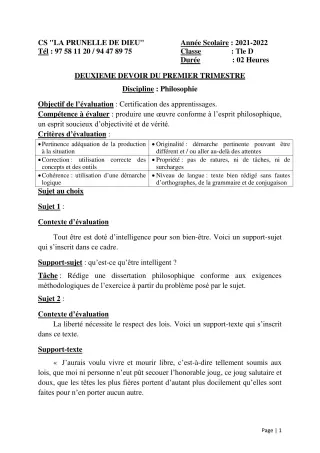 Première page de Philosophie Tle A2, Tle B, Tle D — 2e devoir surveillé, 1er trimestre (2021-2022) · CEPG La Prunelle de Dieu