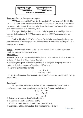 Première page de Mathématiques Tle A1 — 1er devoir surveillé, 2e semestre (2021-2022) · CEG2 ABOMEY - CALAVI (CEG ZOCA)