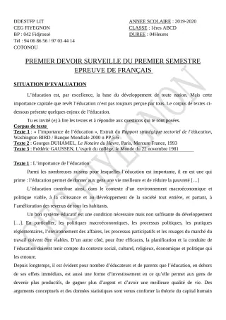 Première page de Français 1ère A2, 1ère B, 1ère C, 1ère D — 1er devoir surveillé, 1er semestre (2019-2020) · CEG FIYEGNON