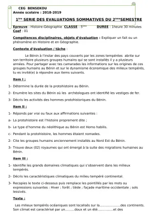 Première page de Histoire-Géographie 5e — 1re évaluation sommative (2018-2019) · CEG BENSEKOU