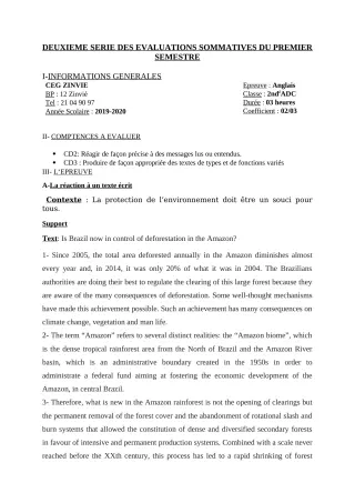Première page de Anglais 2nde A, 2nde A2, 2nde B — 2e évaluation sommative, 1er semestre (2019-2020) · CEG Zinvié
