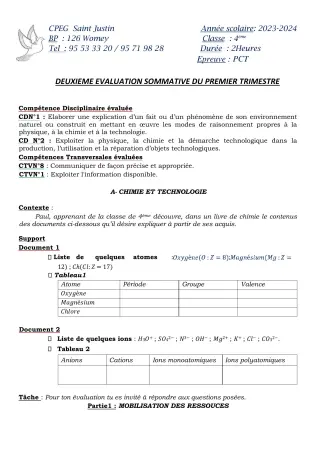 Première page de PCT 4e — 2e évaluation sommative, 1er trimestre (2023-2024) · CPEG SAINT Justin