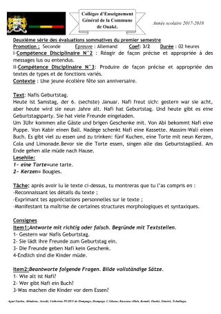 Première page de Allemand 2nde A1 — 2e évaluation sommative, 1er semestre (2017-2018) · CEG C.P de Dompago