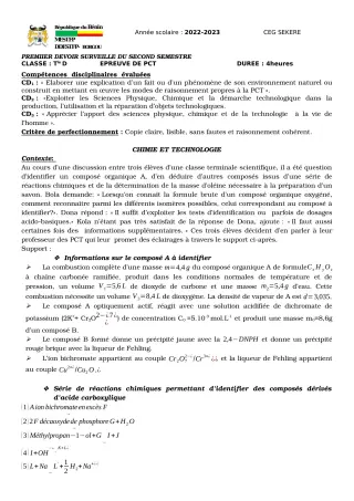 Première page de PCT Tle D — Devoir surveillé, 2e semestre (2022-2023) · CEG SEKERE