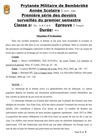 Première page de Français Tle A1, Tle A2, Tle C, Tle D — 1er devoir surveillé, 1er semestre (2019-2020) · PMB