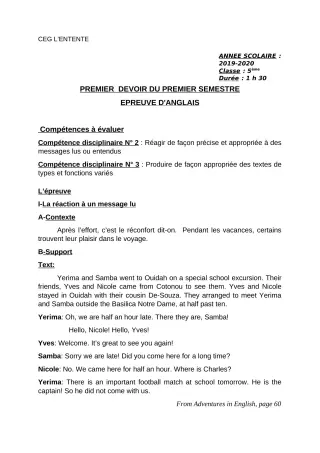 Première page de Anglais 5e — 1er devoir surveillé, 1er semestre (2019-2020) · CEG L'Entente