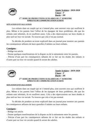 Première page de Français 6e, 5e, 4e, 4e ML, 4e ML&MC, 3e, 3e ML — 2e production scolaire, 1er semestre (2019-2020) · CEG II EKPE