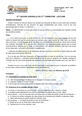 Première page de Français 5e — 2e devoir surveillé, 2e trimestre (2019-2020) · CPEG LE PHARAON