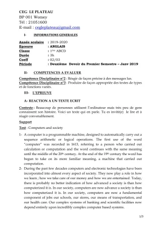 Première page de Anglais 1ère A2, 1ère B, 1ère C, 1ère D — 2e devoir surveillé, 1er semestre (2019-2020) · CEG Le Plateau