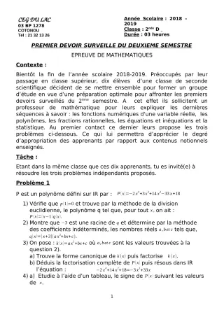 Première page de Mathématiques 2nde D — 1er devoir surveillé, 2e semestre (2018-2019) · CEG du Lac