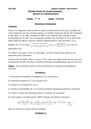 Première page de Mathématiques 1ère D — 1er devoir surveillé, 2e semestre (2018-2019) · CEG Hubert C. MAGA
