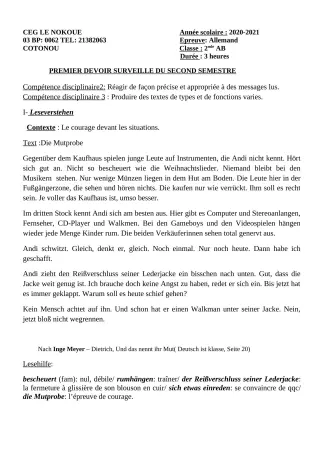 Première page de Allemand 2nde A2, 2nde B — 1er devoir surveillé, 2e semestre (2020-2021) · CEG LE NOKOUE