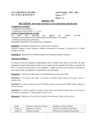 Première page de SVT 2nde D — 2e devoir surveillé, 1er trimestre (2021-2022) · CEPG La Prunelle de Dieu