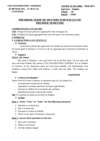 Première page de Anglais 6e — 1er devoir surveillé, 1er semestre (2020-2021) · CEG Kouhounou-Vêdoko