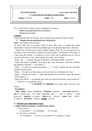 Première page de Espagnol 3e ML — 1er devoir surveillé, 2e semestre (2019-2020) · CEG MAREGOUROU