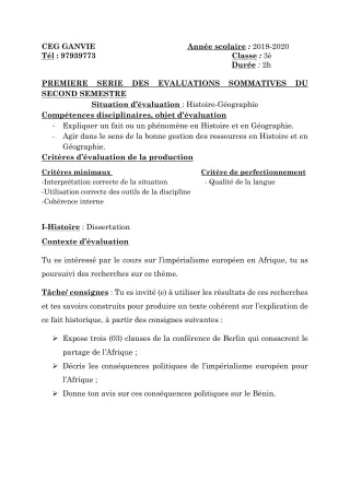 Première page de Histoire-Géographie 3e, 3e ML — 1re évaluation sommative, 2e semestre (2019-2020) · CEG Ganvié