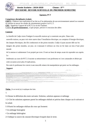 Première page de PCT 5e — 2e devoir surveillé, 1er semestre (2019-2020) · CEG ADJOVICODJI 'LES OLIVIERS'