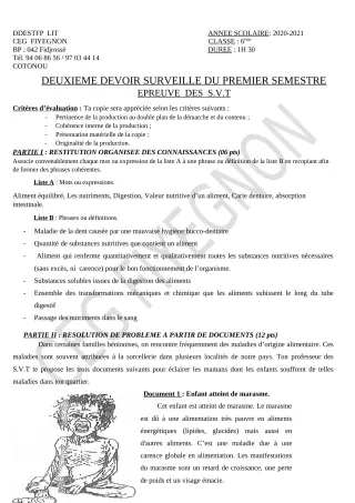 Première page de SVT 6e — 2e devoir surveillé, 1er semestre (2020-2021) · CEG FIYEGNON