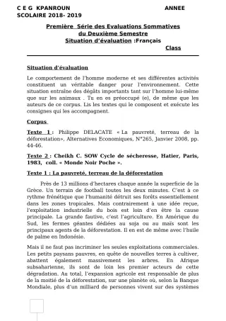 Première page de Français 2nde A, 2nde D — 1re évaluation sommative, 2e semestre (2018-2019) · CEG Kpanroun