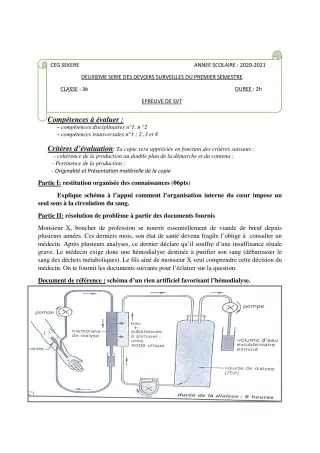 Première page de SVT 3e, 3e ML — 2e devoir surveillé, 1er semestre (2020-2021) · CEG SEKERE
