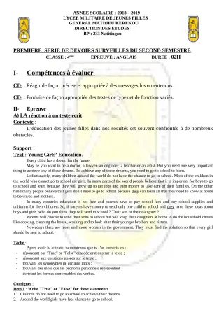 Première page de Anglais 6e, 5e, 4e, 3e, 2nde A2, 2nde C, 2nde D, 1ère A2, 1ère C, 1ère D, Tle A2, Tle C, Tle D — 1er devoir surveillé, 2e semestre (2018-2019) · LMJFGMK