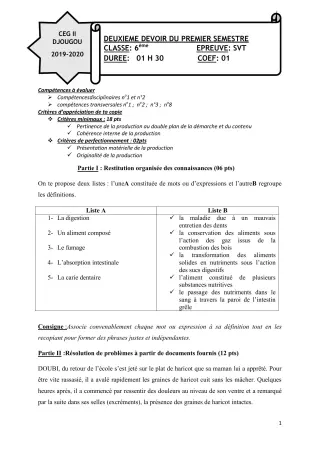 Première page de SVT 6e — 2e devoir surveillé, 1er semestre (2019-2020) · CEG 2 Djougou