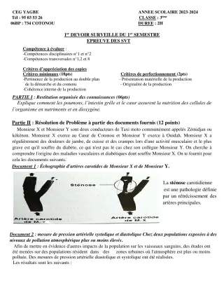 Première page de SVT 3e — 1er devoir surveillé, 1er semestre (2023-2024) · CEG Yagbe