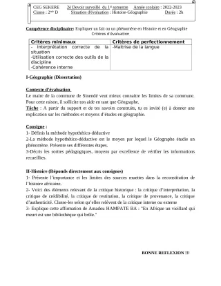 Première page de Histoire-Géographie 2nde D — 2e devoir surveillé, 1er semestre (2022-2023) · CEG SEKERE