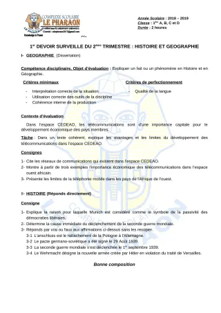 Première page de Histoire-Géographie 1ère A, 1ère B, 1ère C, 1ère D — 1er devoir surveillé, 2e trimestre (2019-2020) · CPEG LE PHARAON