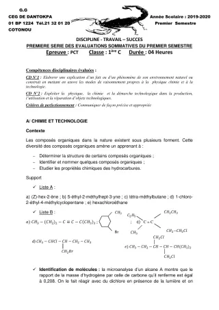 Première page de PCT 1ère C — 1re évaluation sommative, 1er semestre (2019-2020) · CEG Dantokpa