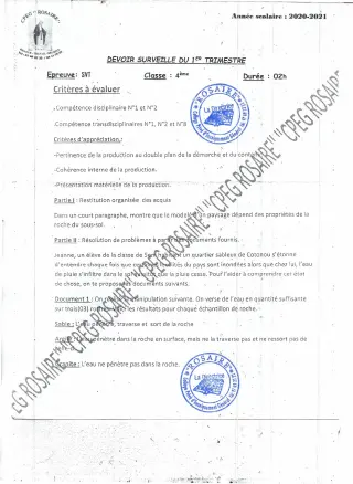 Première page de SVT 4e — Devoir surveillé, 1er trimestre (2020-2021) · CPEG ROSAIRE