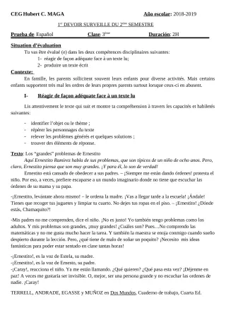 Première page de Espagnol 3e ML — 1er devoir surveillé, 2e semestre (2018-2019) · CEG Hubert C. MAGA