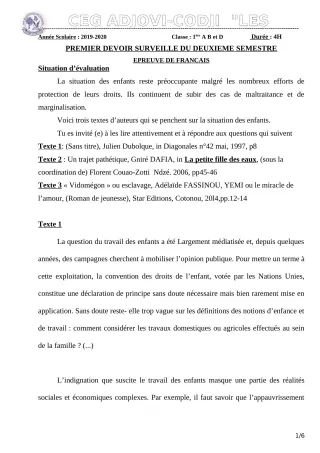 Première page de Français 1ère B, 1ère D — 1er devoir surveillé, 2e semestre (2019-2020) · CEG ADJOVICODJI 'LES OLIVIERS'