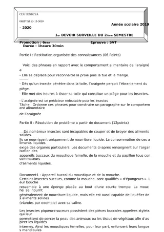Première page de SVT 6e — 1er devoir surveillé (2019-2020) · CEG SEGBEYA