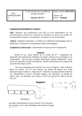 Première page de PCT 6e — 2e devoir surveillé, 1er semestre (2019-2020) · CEG Lobozounkpa