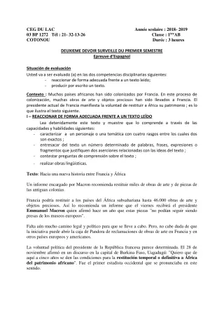 Première page de Espagnol 1ère A2, 1ère B — 2e devoir surveillé, 1er semestre (2018-2019) · CEG du Lac