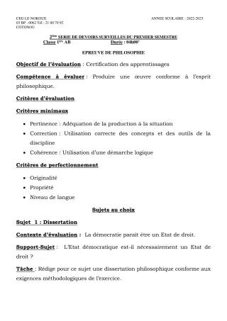 Première page de Philosophie 1ère A1, 1ère A2, 1ère B — 2e devoir surveillé, 1er semestre (2022-2023) · CEG LE NOKOUE