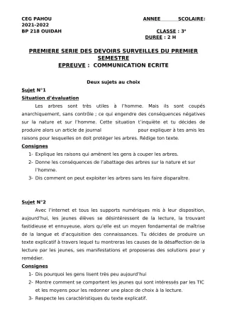 Première page de Français 3e — 1er devoir surveillé, 1er semestre (2021-2022) · CEG PAHOU