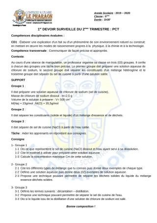 Première page de PCT 5e — 1er devoir surveillé, 2e trimestre (2019-2020) · CPEG LE PHARAON