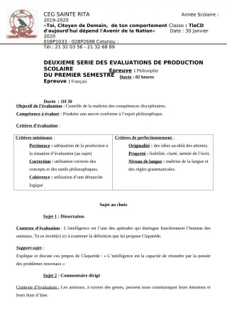 Première page de Philosophie 2nde A2, 2nde B, 2nde C, 2nde D, 1ère A2, 1ère B, 1ère C, 1ère D, Tle A2, Tle B, Tle C, Tle D — Production scolaire, 1er semestre (2019-2020) · CEG Sainte Rita