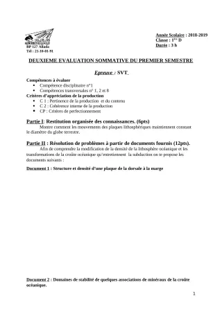 Première page de SVT 1ère D — 2e évaluation sommative, 1er semestre (2018-2019) · CEG Sékou