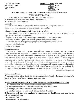 Première page de Espagnol 2nde A — 1re production scolaire, 2e semestre (2018-2019) · CEG Mèdédjonou