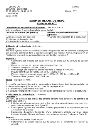 Première page de Examen Blanc de PCT — 3e — CEG du Lac (2020)