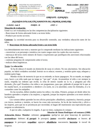 Première page de Espagnol 2nde A, 2nde A1, 2nde A2 — 2022-2023 · CEG1 Ikpinlè