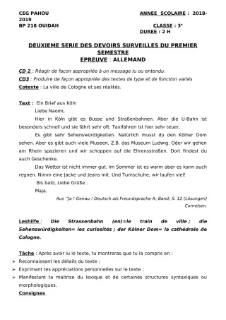 Première page de Allemand 3e ML — 2e devoir surveillé, 1er semestre (2018-2019) · CEG PAHOU