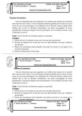 Première page de Français 6e — 2e devoir surveillé, 1er semestre (2019-2020) · CEG 1 Akpakpa-Centre