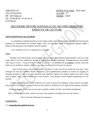 Première page de Français 5e — 2e devoir surveillé, 2e semestre (2019-2020) · CEG FIYEGNON