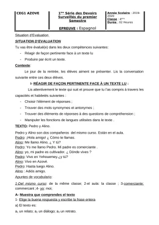 Première page de Espagnol 4e ML, 4e ML&MC, 3e ML, 2nde A, 2nde A2, 2nde B, 1ère A, 1ère A1, 1ère A2, 1ère B, Tle A1, Tle A2, Tle B — 1er devoir surveillé, 1er semestre (2019-2020) · CEG1 AZOVE